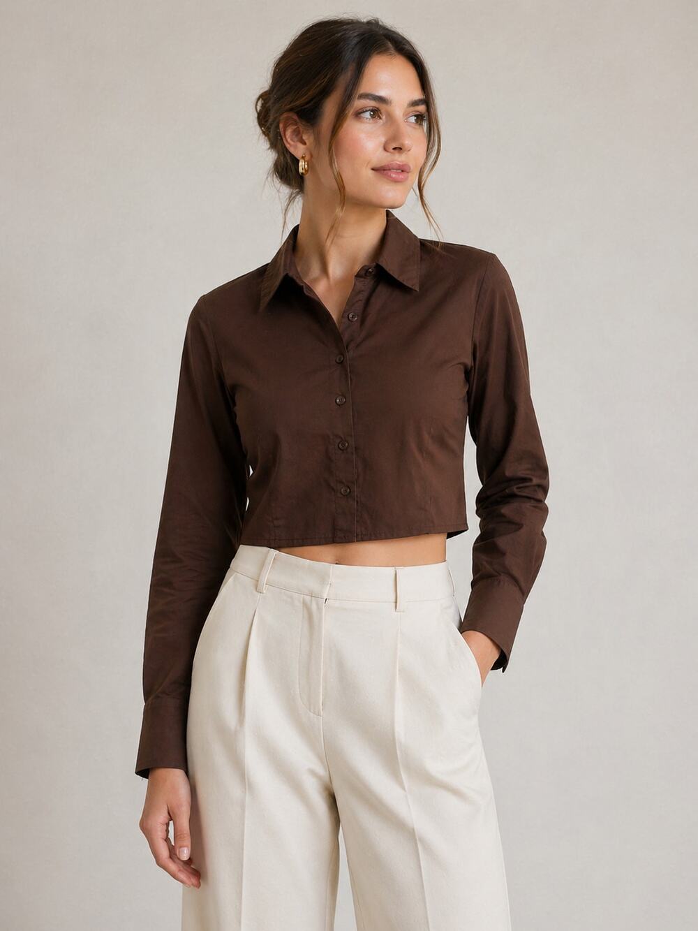 Abercrombie & Fitch NWT Button up Long sleeve Cropped Top Brown XS